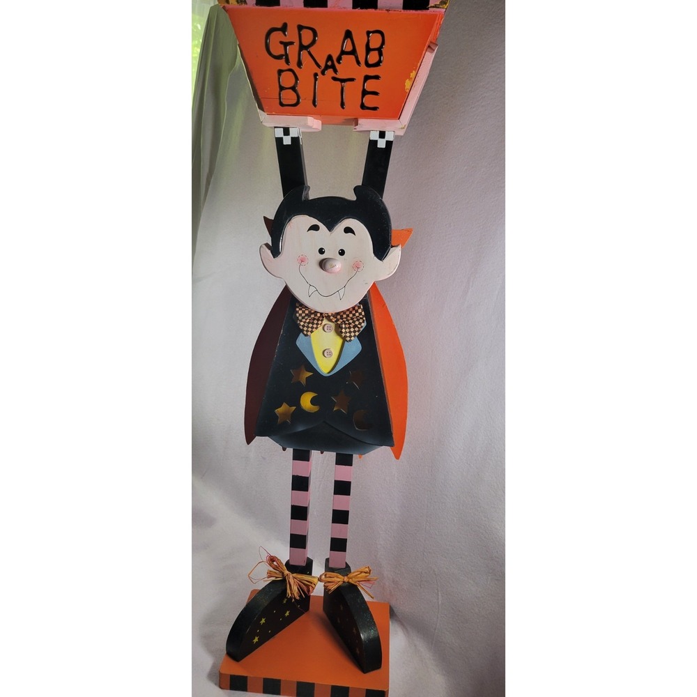 Vtg Halloween Dracula Standee Figurine Vampire Holding Open Box 32.5x9 Wood